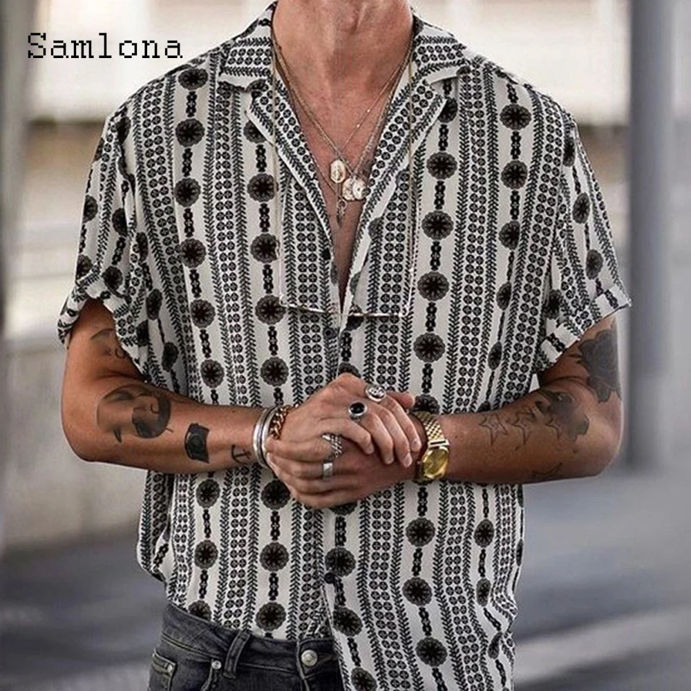 

Samlona Men Skinny Tops Open Stitch Model Shirt 2022 Short Sleeve Fashion Striped Dots Blouse Summer Casual Shirts Clothing