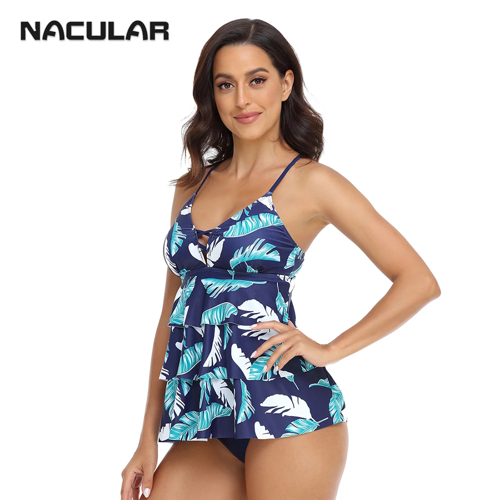 

Nacular Swimsuit Women Printed Sport Tankini Large Size Swimwear Two Pieces Bathing Suit Beachwear XXL Vintage New Ruffle