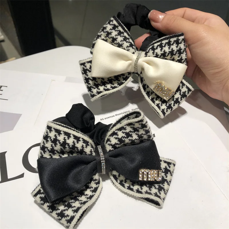 Plaid Bowknot Barrette Scrunchies for Women Girl Fashion Hair Tie Band Accessories