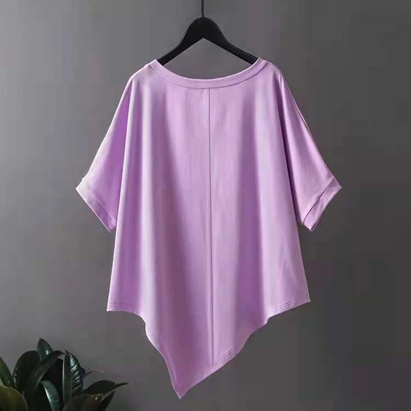 Женская летняя Асимметричная футболка с коротким рукавом и круглым вырезом