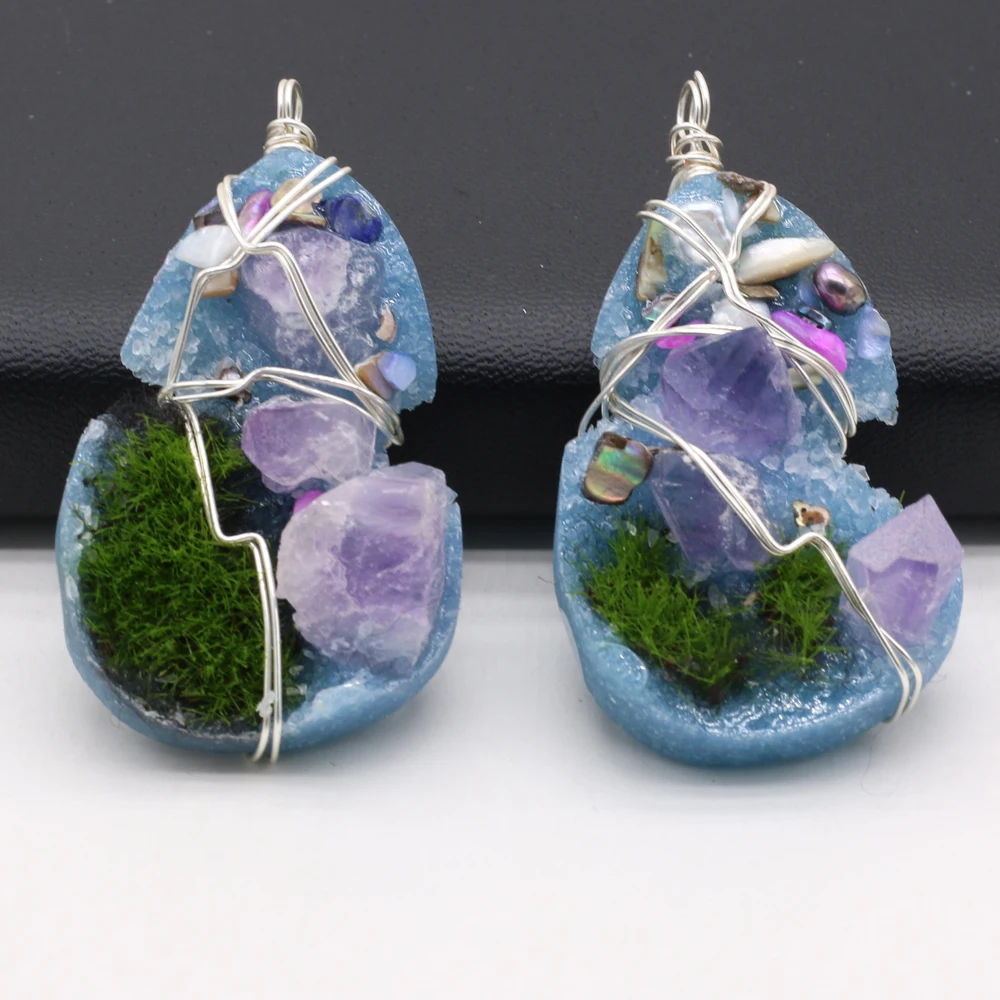 

Natural Stone Resin Pearl Wrapped Silver Wire Blue PendantDIY Agate Crystal Jewelry Making Necklace Earring Accessory Charm Gift