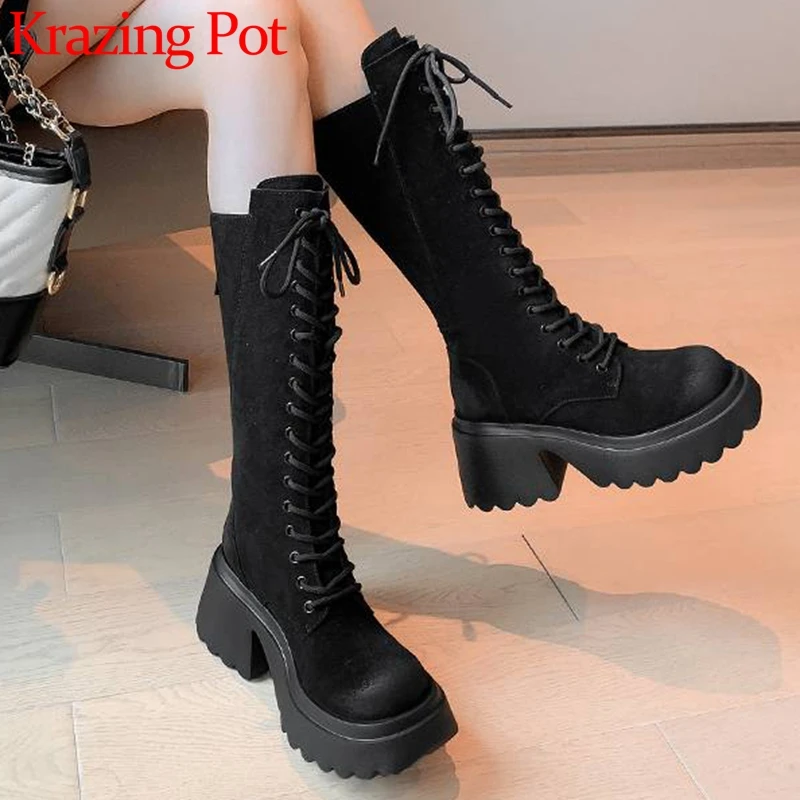 

Сапоги Krazing Pot из коровьей замши, с круглым носком, на толстом очень высоком каблуке, модные шикарные сапоги до бедра на платформе со шнуровкой, Нескользящие