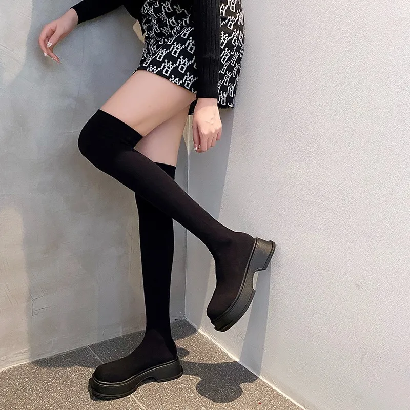 Women Leather Shoes Spring Winter High Platform Heels Elasticity Motorcycles Black Boots Goth Thigh High Boots Platform Shoes