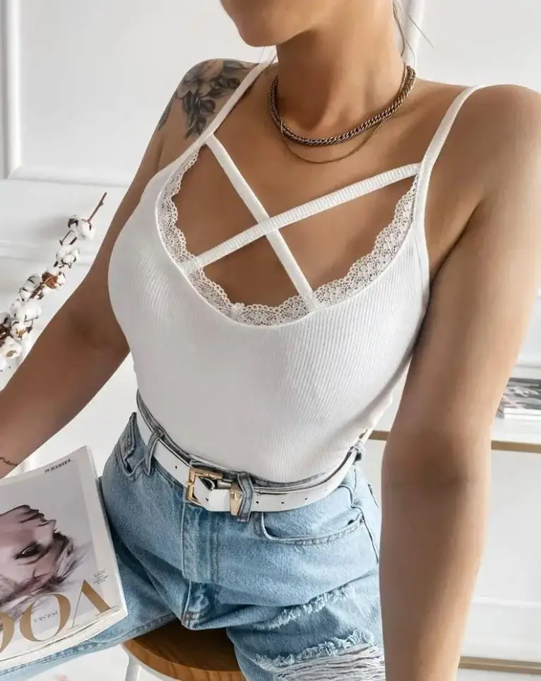 

Contrast Lace Criss Cross Ribbed Cami Top Sexy Top Tank Fashion Female Tanks Casual Summer Vest Sexy Club Tops for Women