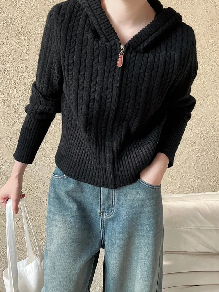 [LANMREM] вязаный кардиган с капюшоном свитер женские офисные теплые свободные