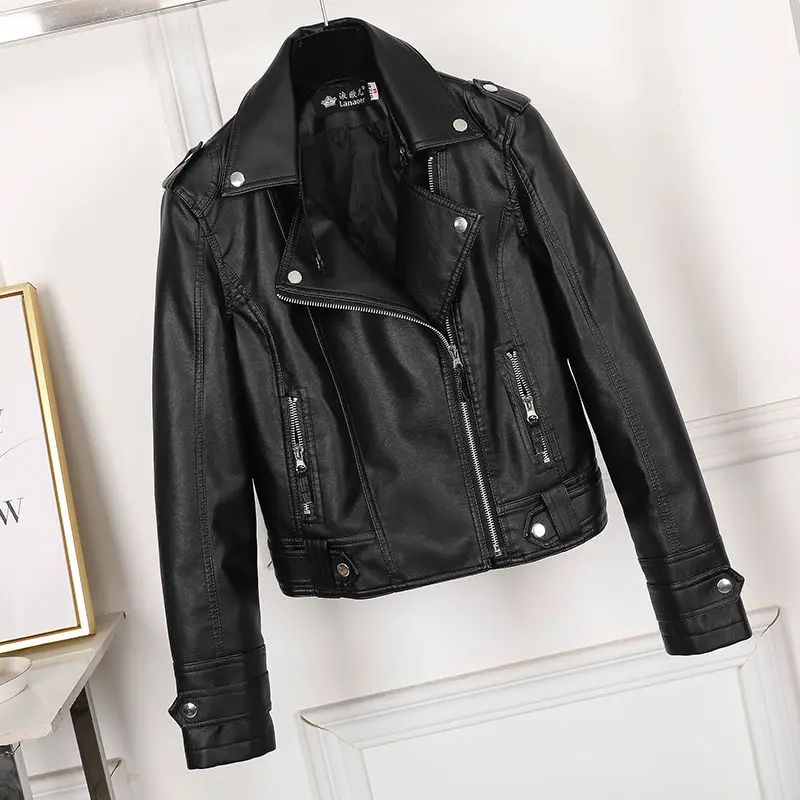 2022 Spring Autumn Women Faux Leather Slim Jacket Casual All Match PU Punk Motorcycle Leather Coat Female Zipper Rivet Outerwear