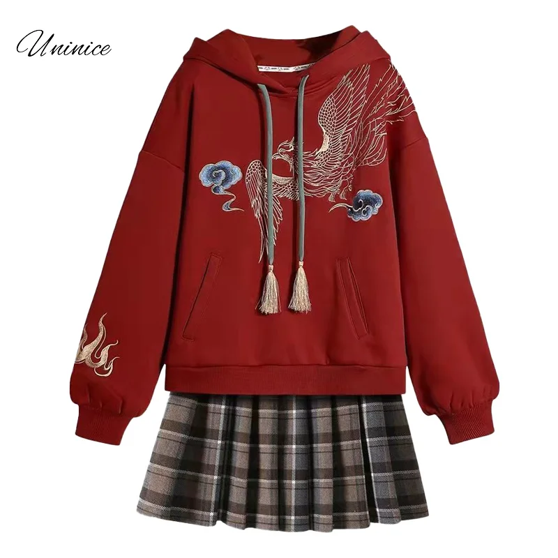 

Plus Size Embroidery Red Hooded Sweatshirt Plaid Pleated Skirt Set Spring&Autumn Women's Clothing Chinese style Two-piece Suit