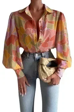 Лето 2023 женская рубашка с принтом на пуговицах и рукавами-фонариками элегантные