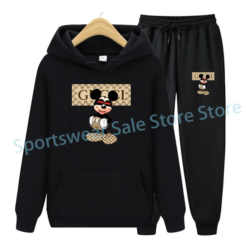 

2022New Disney Mickey Cartoon Harajuku Spring Autumn Couple Hoodie Sets Women Men Unisex Casual Street Fashion +Joggers Pants