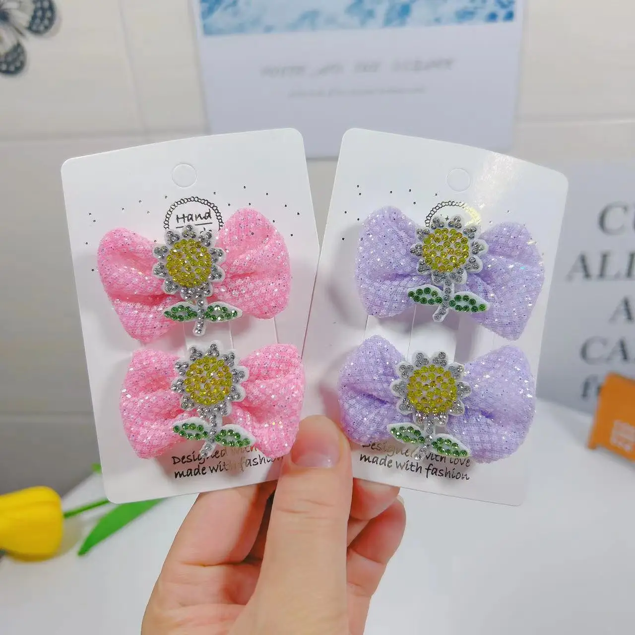 

6Pair/Lot Baby Hair Accessories Hair Bows For Girls Full Crystal Sunflower Hair Clips Gauze Mesh Ribbon Knot Boutique Hairgrips