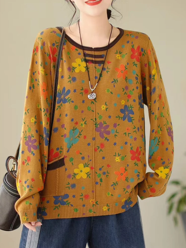 Женский хлопковый свитер с круглым вырезом цветочным принтом