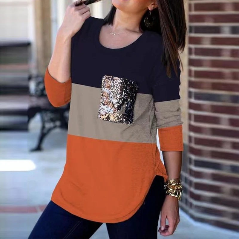

Casual Sequin Pocket Long Sleeve Tee Shirt Women Autumn New Patchwork Print Pullover Tops Blusas Harajuku Loose O-Neck T-Shirts