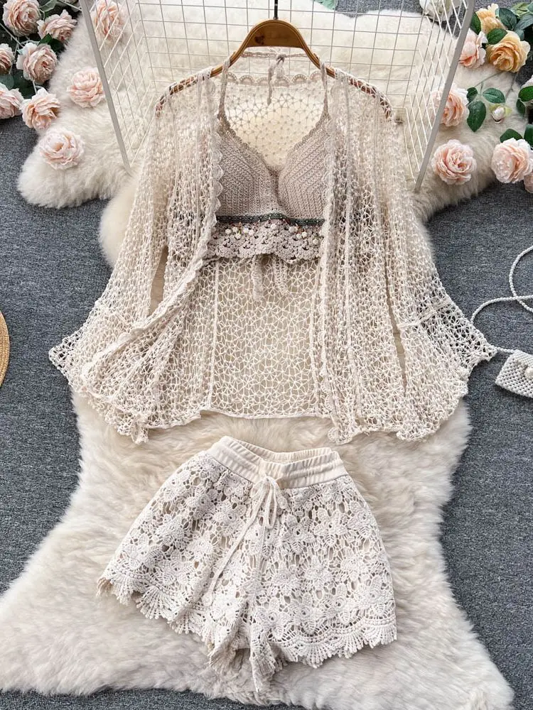 

Комплект из 3 предметов с юбкой, летняя Солнцезащитная рубашка + Топ без бретелек + мини-юбка, ажурный комплект из 3 предметов, женская одежда