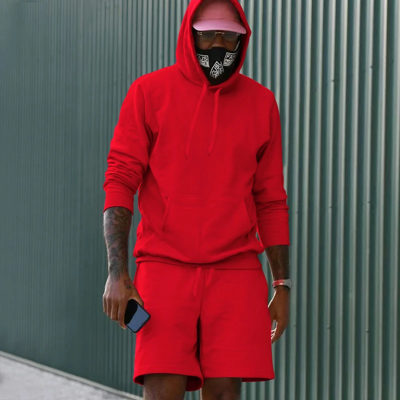 New Hot Selling Spring/Summer Men's Hooded Solid Sweater+Elastic Drawstring Waist Shorts Two Piece Fashion Casual Sports Set