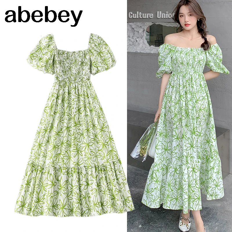 

Tingfly Summer Fashion Puff Short Sleeve Flower Print A Line Casual Dress Boho Street Lady Elastic Chest Vestidos Midi Long Za