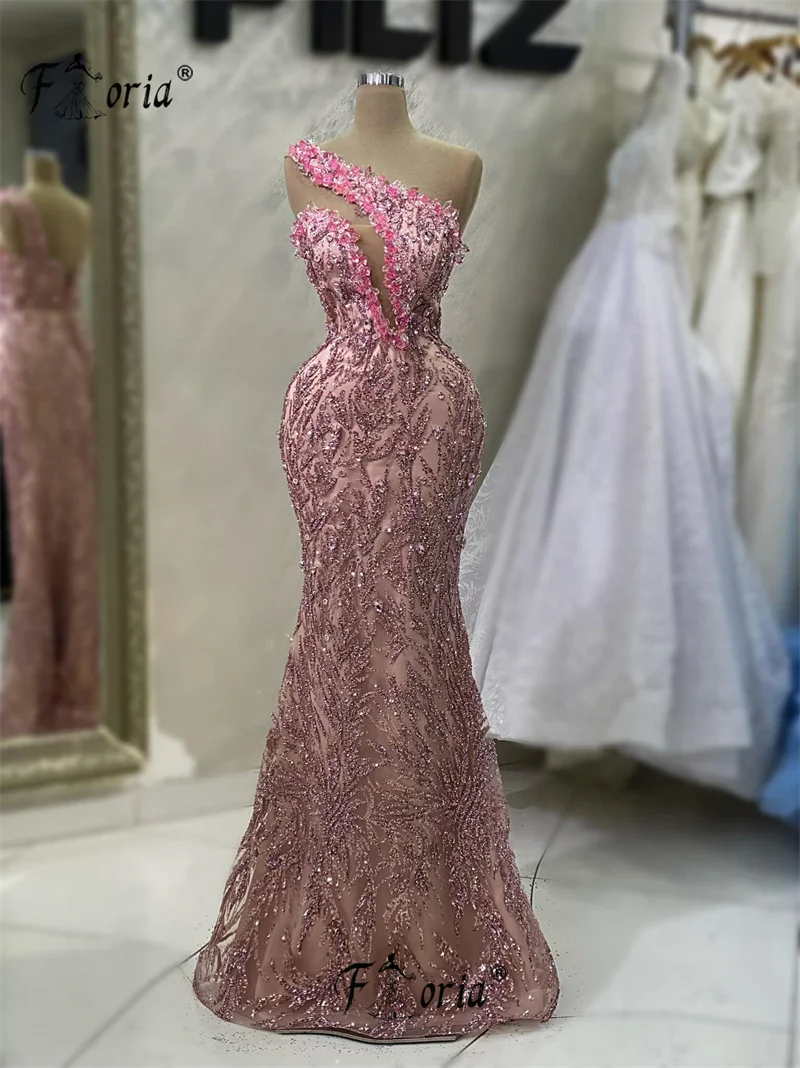 

Блестящие блестящие розовые платья для выпускного вечера с одним открытым плечом Русалка арабское вечернее платье 2023 индивидуальный пошив полный Бисер для коктейля