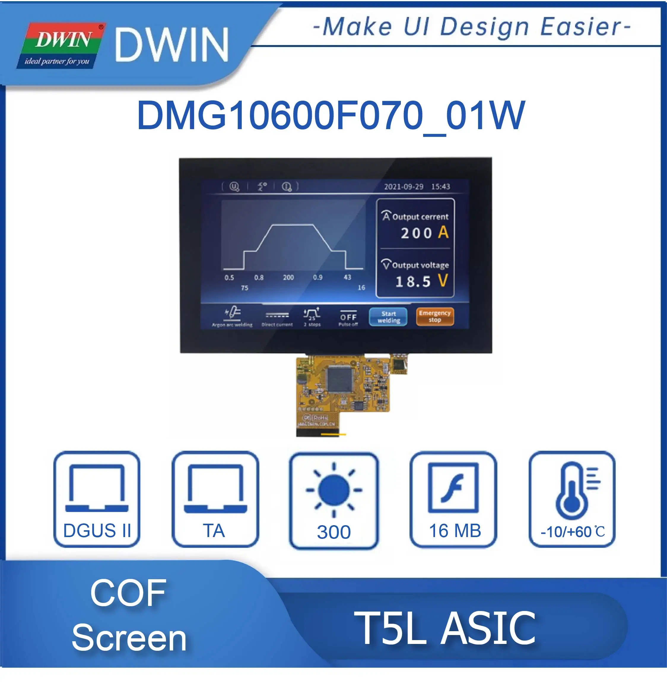 

DWIN 7,0 дюймов 1024x600 COF чип на FPC IPS смарт-экран IO, UART, CAN, AD и PWM от пользовательского процессора Core DMG10600F070_01W