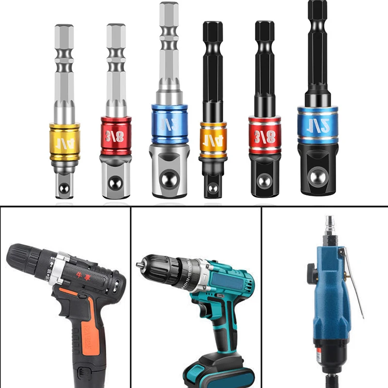 Shank Drill Socket Adapter for Impact Driver with Hex to Square Bits Bar Extension Set 1/4" 3/8" 1/2 Bit Tool | Инструменты