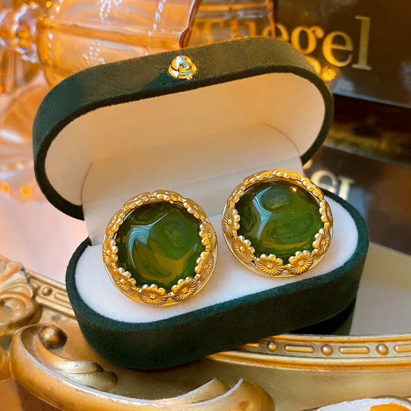 

G&D Vintage Green Flower Charm Round Stud Earrings 925 Silver Needle Gold Color Luxury Earrings for Women Valentine's Day Gifts