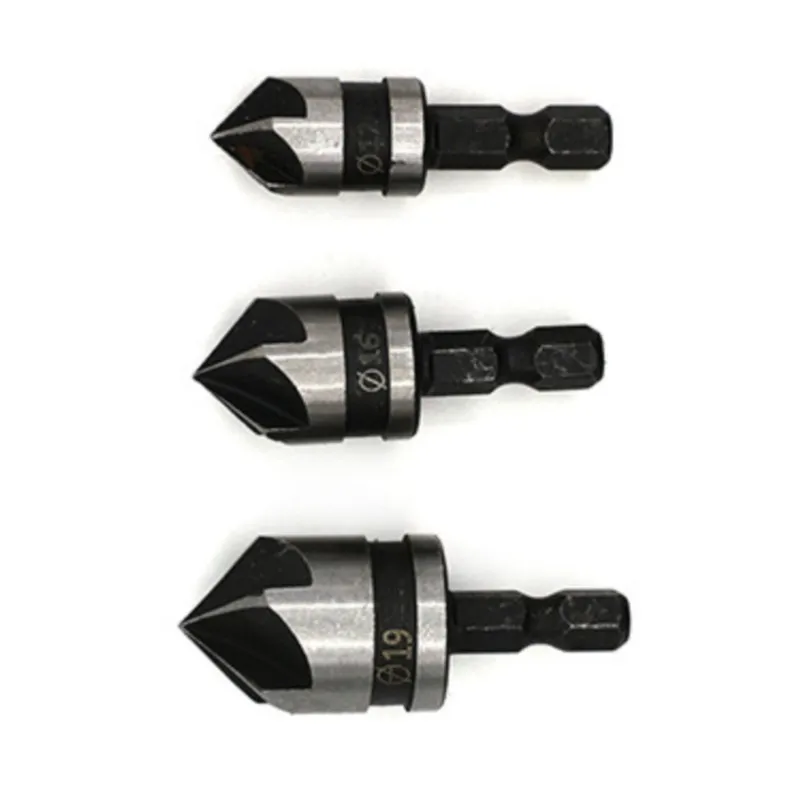 

3pcs 90 Degrees Chamfer Drill Bit 5 Flute 12/16/19mm Wood Working Cutter Hex Countersink Boring Drilling Bit Tools Change Set