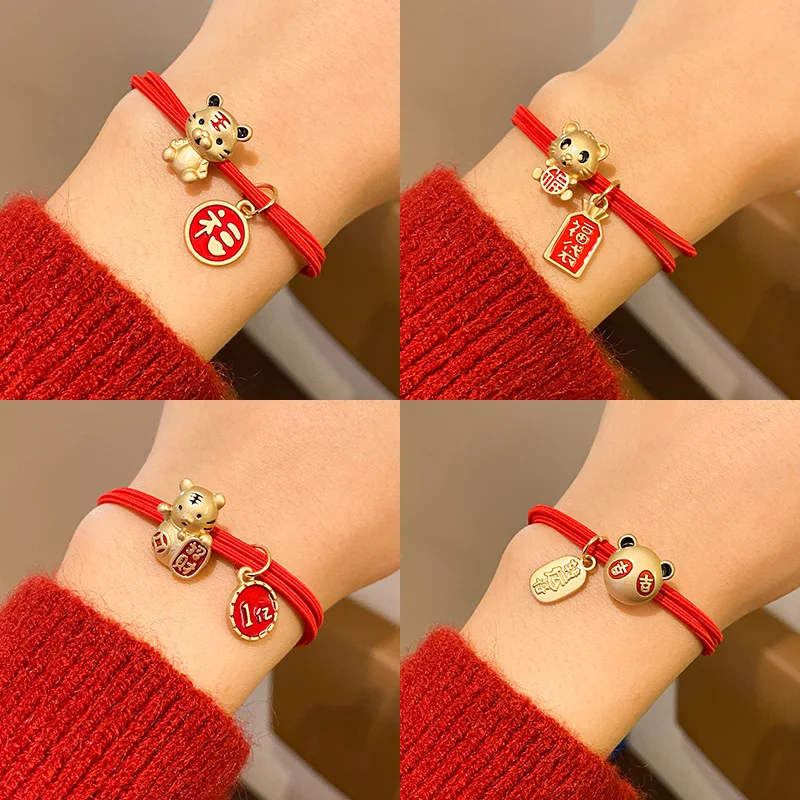

2022 New Year Gifts Tiger Zodiac Red Rope Bracelets for Women Girl Hair Rope Tie Hair Headdress Charm Bracelet Wholesale