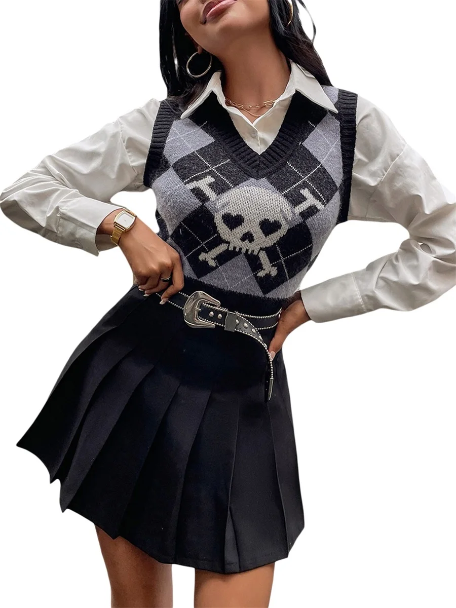 

Women Knitted Preppy Sweater Vest Top Casual V Neck Argyle Plaid Sleeveless Jumper Knitwear Tank Top