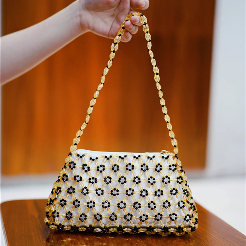 

New Transparent Floral Beaded Bag for Women HandWoven Color Contrast Hollow Out Women's Triangle Shoulder Bag Female Evening Bag