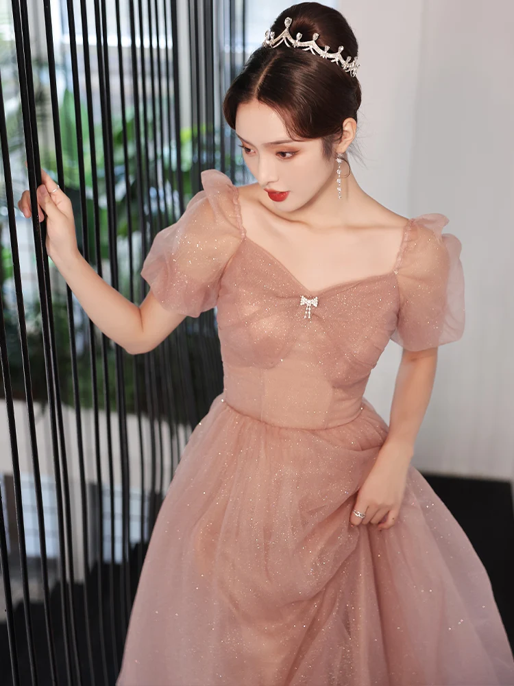 

Элегантное пыльно-розовое вечернее платье, модель 2023 года, ТРАПЕЦИЕВИДНОЕ платье принцессы с квадратным вырезом, пышными рукавами и открытой спиной, банкетное платье до пола для дня рождения, Новинка