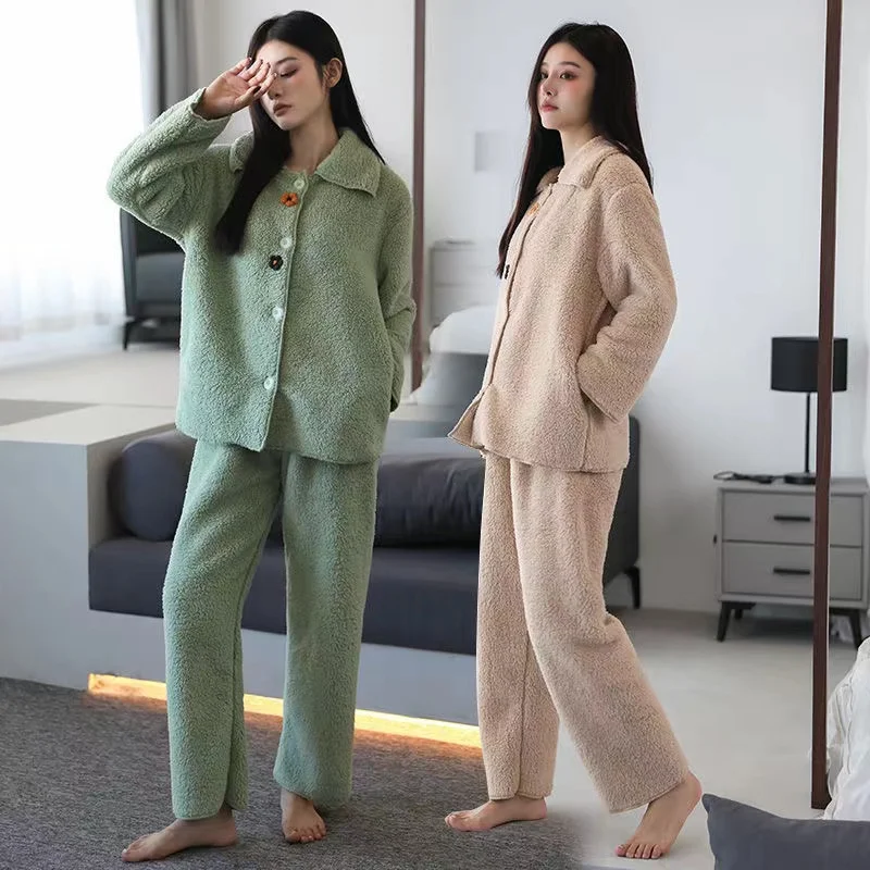 

Pajamas Set For Women Winter Flannel Sleepwear Turn-Down Collar Pyjamas Long Sleeve Trouser Home Clothes Female Pijama Suit
