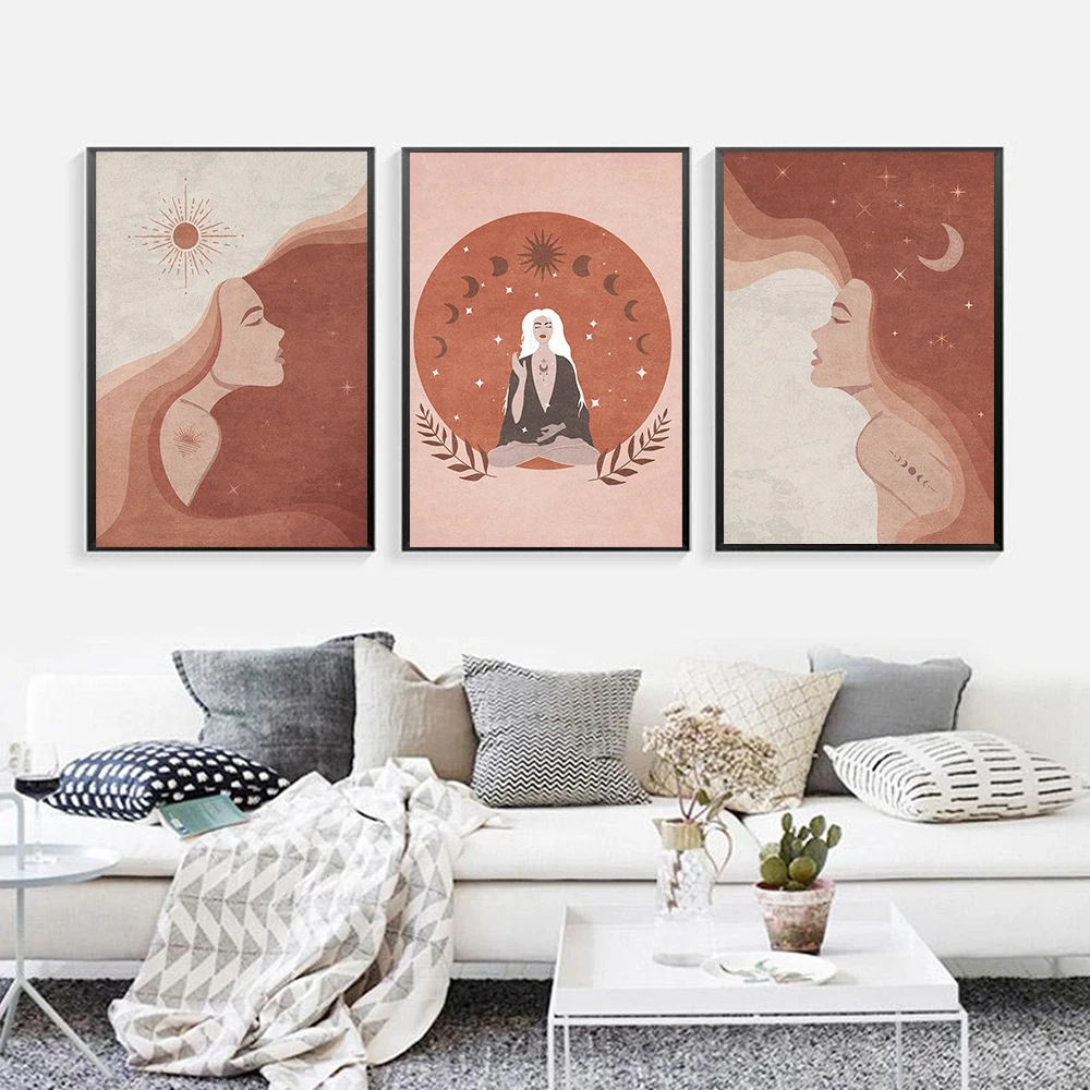 

Sun Moon Painting Yoga Abstract Woman Orange Wall Art Canvas Print Boho Posters Nordic Mural Pictures For Living Room Home Decor