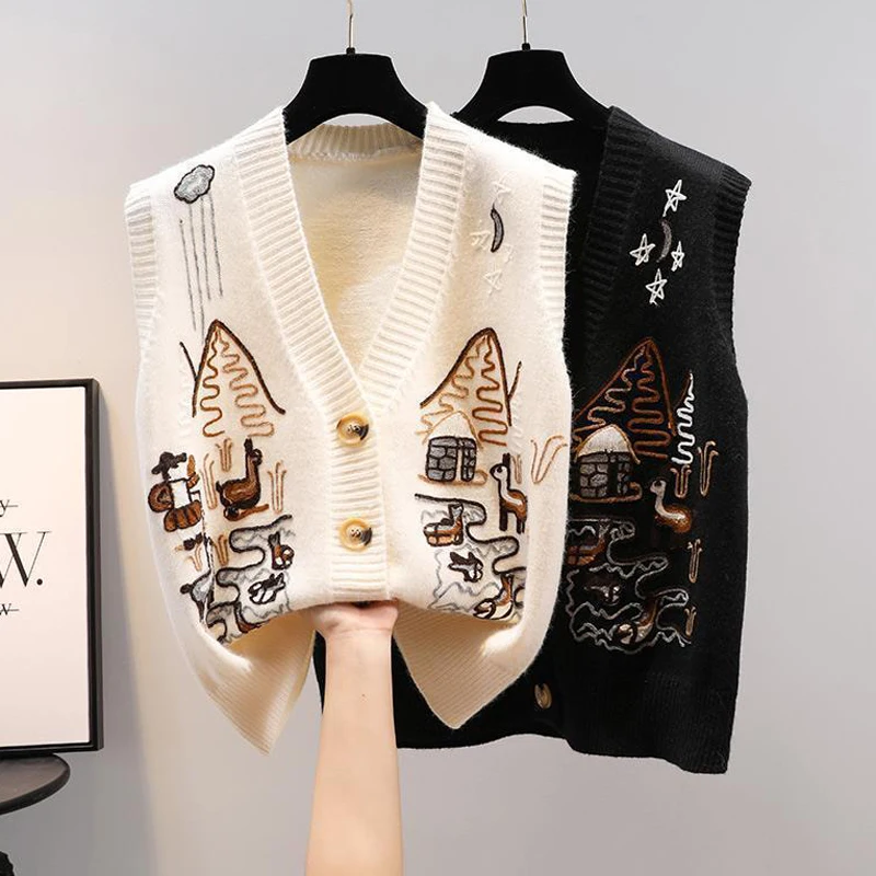 

Осенний свитер, вязаный жилет, корейский Топ для женщин, винтажная одежда оверсайз, корейская мода без рукавов, стиль Харадзюку
