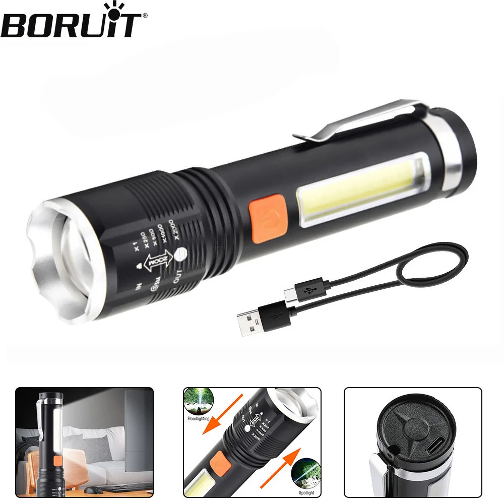 BORUiT P50 Powerful LED Flashlight 4-Mode Type-C Rechargeable Tactical  Portable Telescopic Torch High Power Flashlight Camping