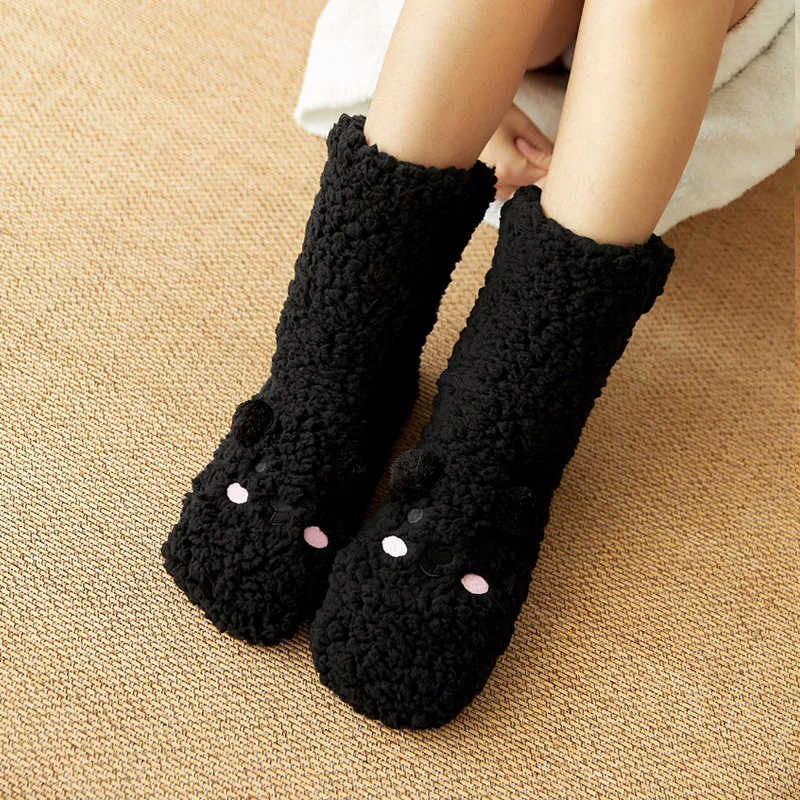 Cute Floor Women Socks Autumn Winter Velvet Coral Fleece Sock Sleep Home Slippers Snow Happy Funny Confinement Bear Carpet Socks