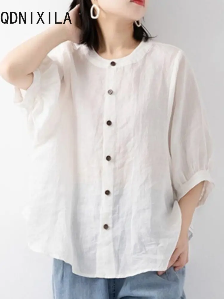 

Lantern Sleeve Literary Top 2023 Thin Cotton Buttons Loose Korean Women's Shirts and Blouses Elegant and Youth Woman Blouses
