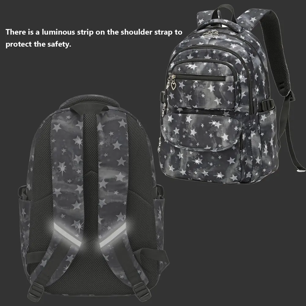 Star Printed Teens Girls Backpack with Lunch Bag and Pencil Case 3pcs ,Waterproof Lightweight Bookbag for Middle School Black