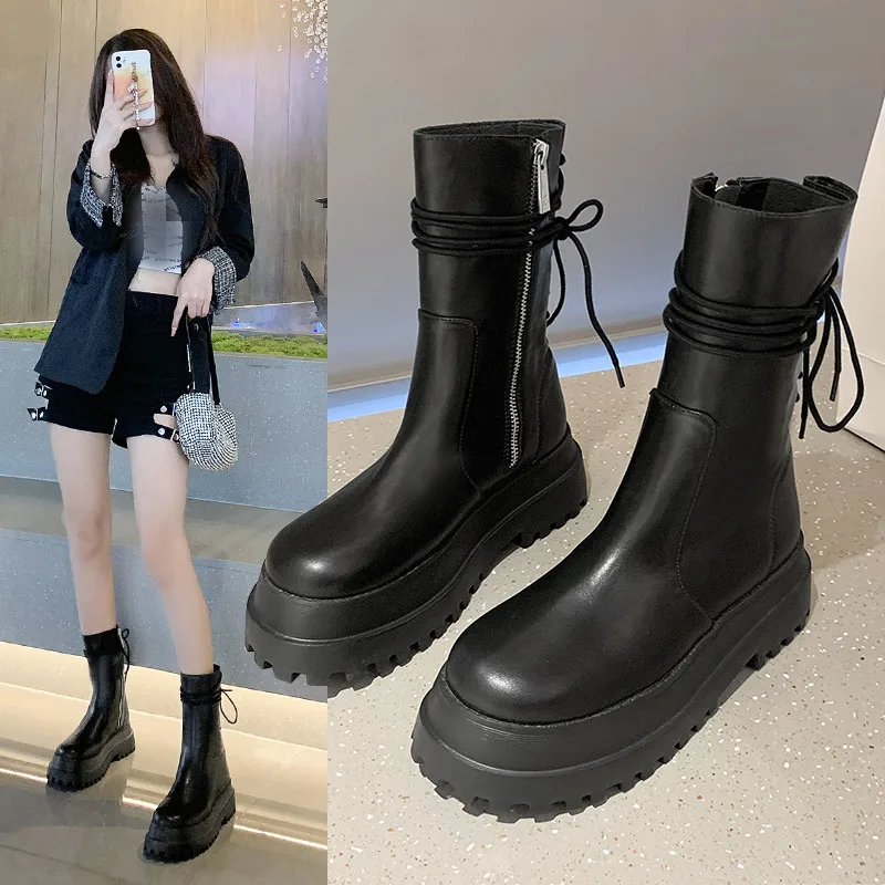 

Motorcycle Boots Summer Women's Shoes Round Toe Boots Women Luxury Designer Low Calf 2021 Women Black Fashion PU Leather Summer