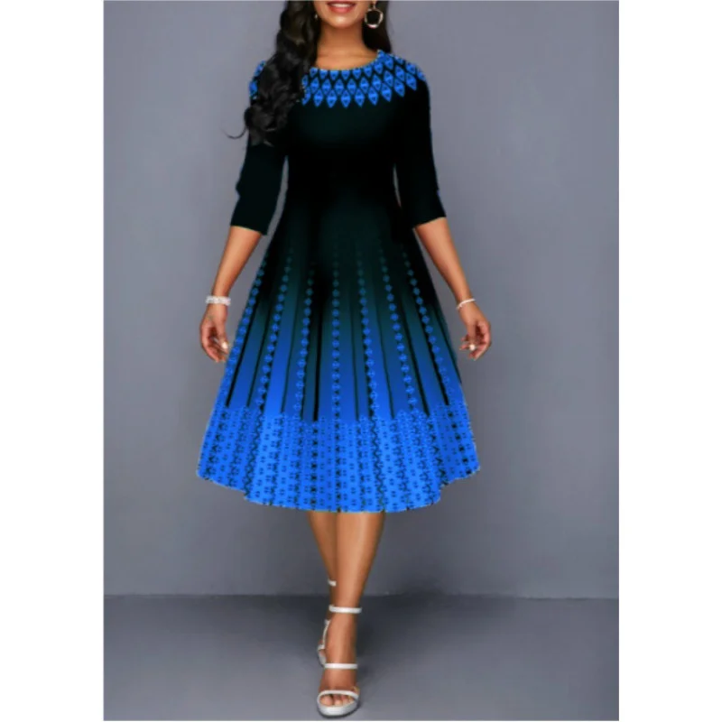 

Gradient Vintage Print Dresses Women Elegant Shrink Waist Half Sleeve Commuter O Neck Pullover A-line Daily Basic Female Apparel