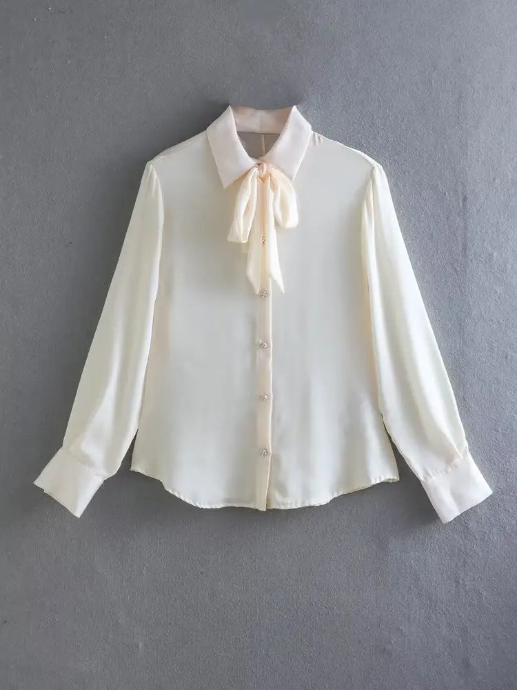 

MESTTRAF 2022 Women Sexy With Bow Tied Soft Touch Loose Shirts Vintage Long Sleeve Button-up Female Blouses Blusas Chic Tops