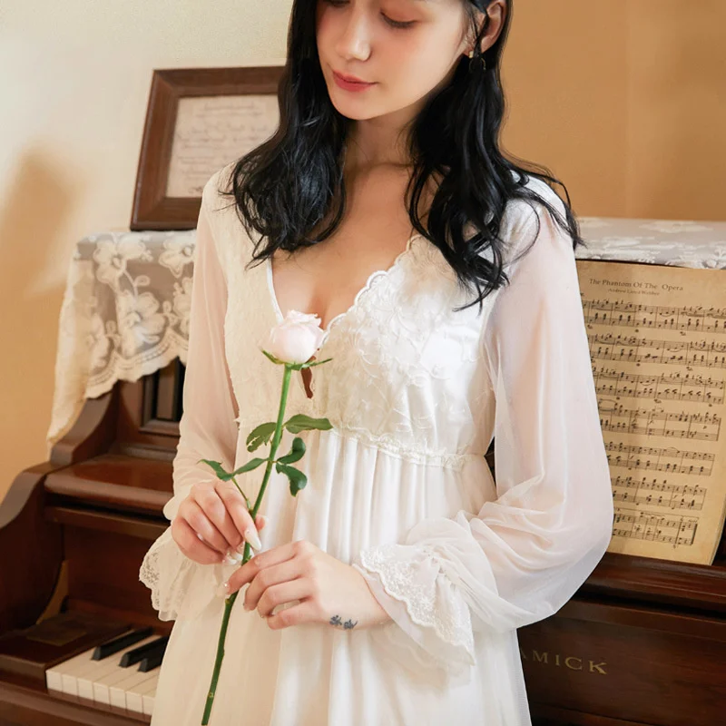 Long Sleeve Nightdress Women's Autumn Modal Cotton Sexy Pajamas Court Home Dress Embroidered Lace Bra Winter