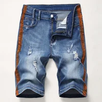 Side Striped Print Short Jeans for Men Elastic Hole Ripped Denim Pants Man Harajuku Male Clothing Fashion Streetwear