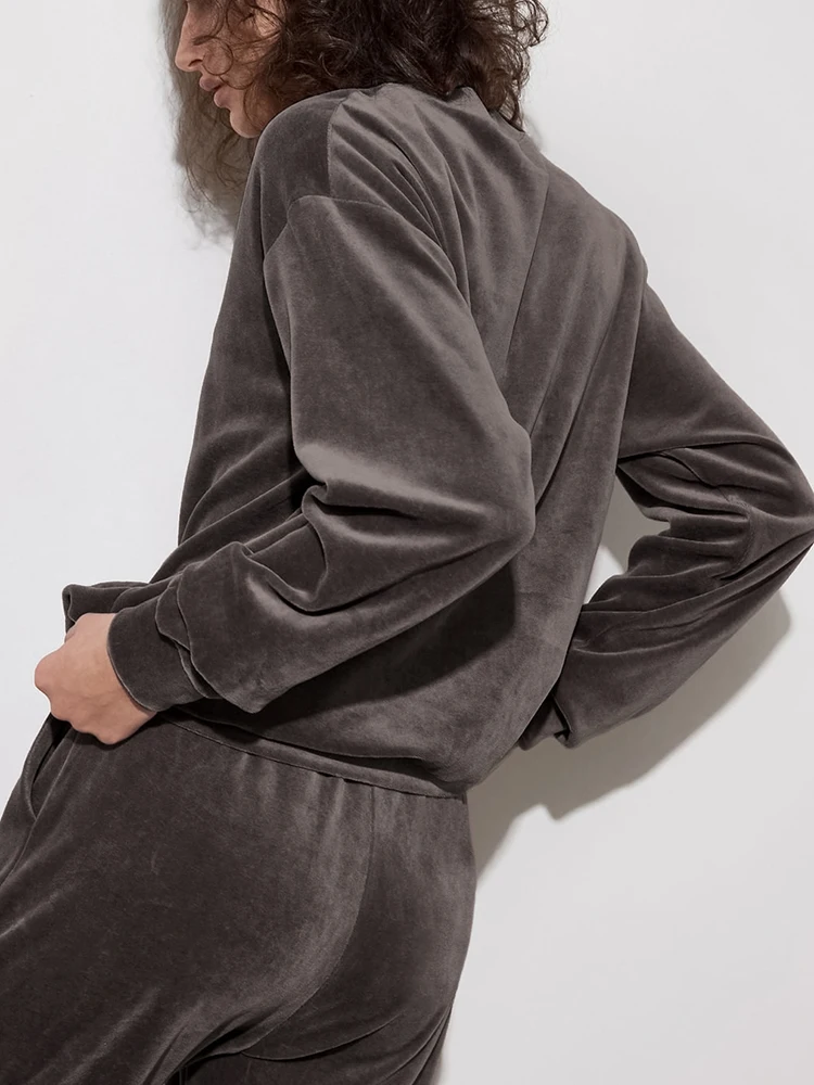 WeiYao 2022 Velvet Pajamas Female Winter Knitting Women's Home Clothes Round Neck Brown Long Sleeve Sleepwear Women Pajama Warm