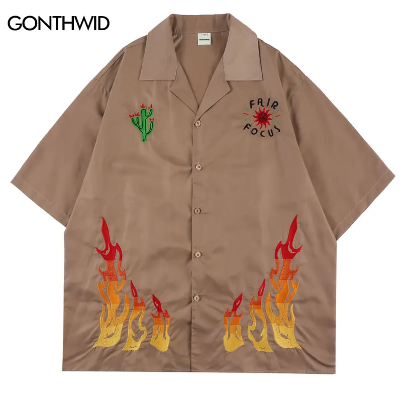 

Men Shirt Coat Streetwear Hip Hop Embroidery Cactus Flame Short Sleeve Punk Shirts Jacket 2022 Summer Casual Button Down Shirt