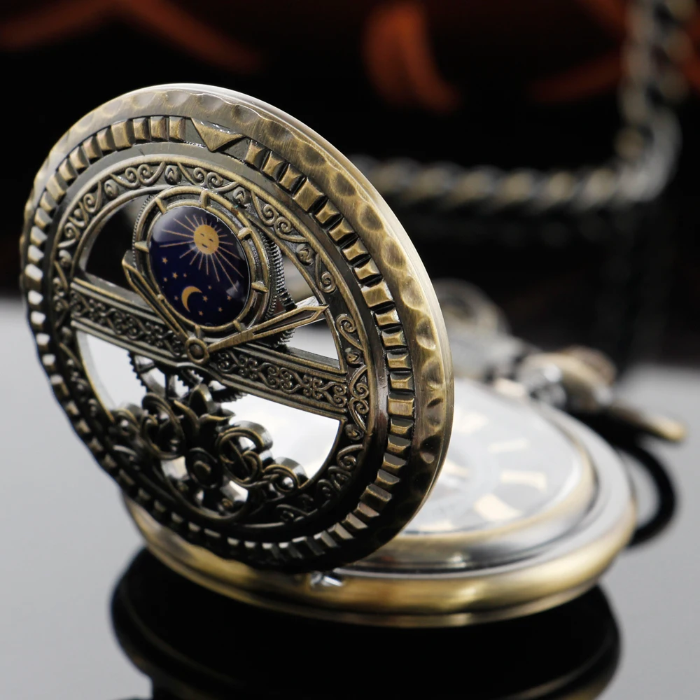 Antique Moon Phase Flywheel Gear Relief Steampunk Mechanical Pocket Watch Retro Gentleman Analog Signal Clock Lady Jewelry Gift
