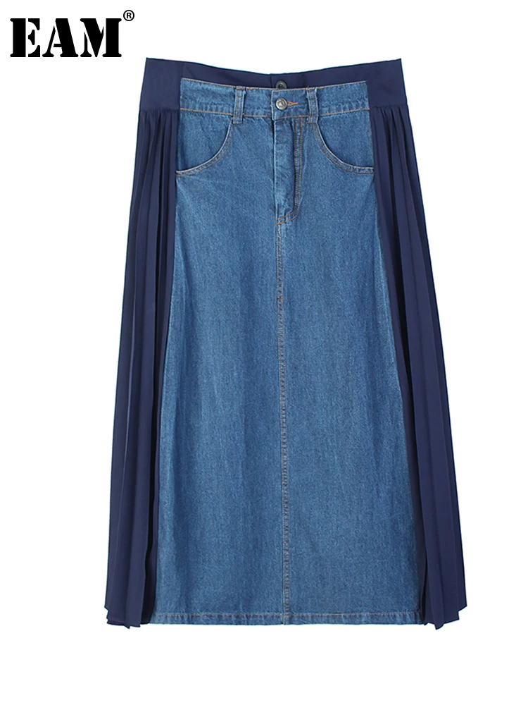 

[EAM] High Elastic Waist Back Chiffon Pleated Denim Casual Long Half-body Skirt Women Fashion New Spring Autumn 2023 1DE9917