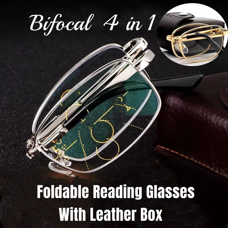 

Folding Reading Glasses with Leather Box Unisex Collapsible Metal Lenses Bifocal 4 In 1 Eyewear Anti-blue Light Diopter Glasses