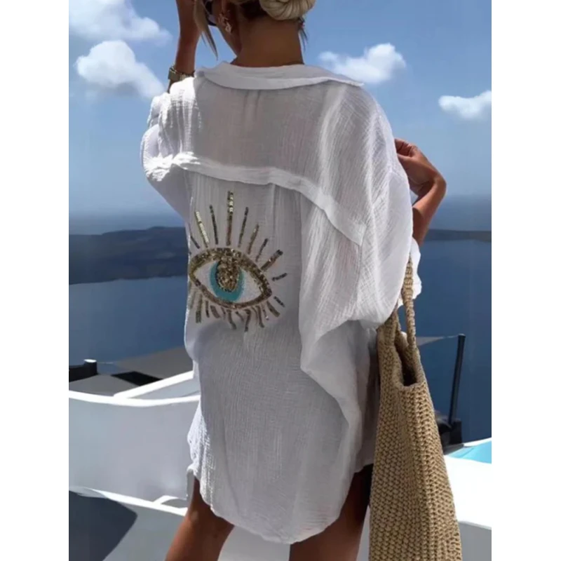 Женские повседневные рубашки с блестками и бисером Винтажная летняя накидка 2024