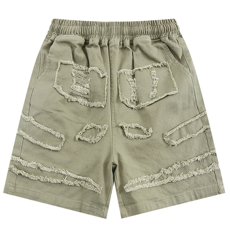 

2022 Summer Oversize Harajuku Patchwork Jogger Shorts Mens Casual Elastic Waist Retro Ripped Beggar Cargo Washed Loose Trousers