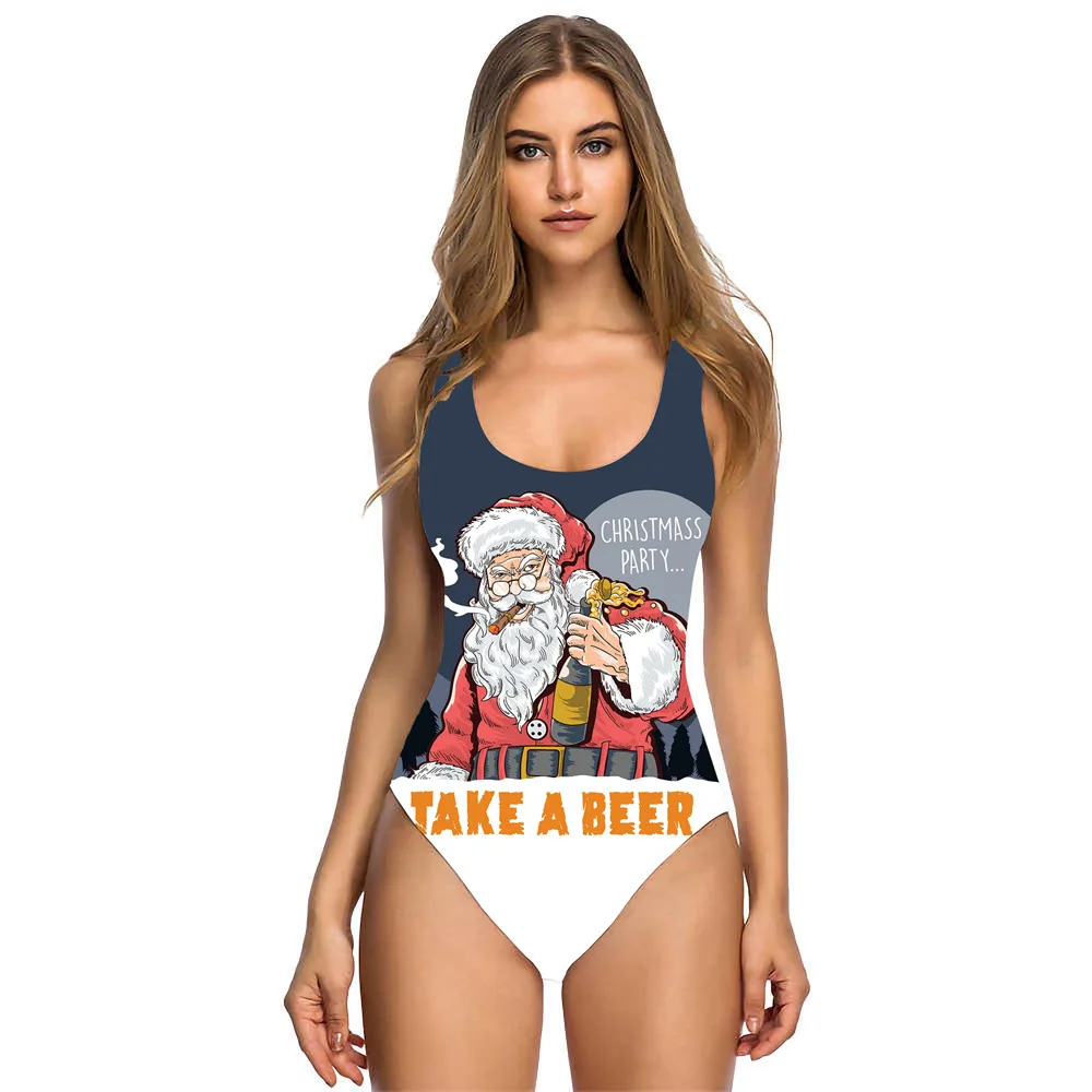 

Santa Claus Print Christmas Swimsuit Women 1 Piece Miao Backless Bathing Suit 2022 New Year Beach Outlet Ladies Funny 11Color