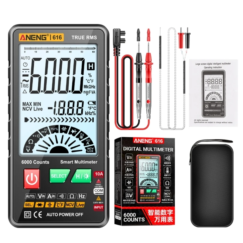 

LCD Display Multimeter 6000 Counts Auto Digital Meter for Voltage Current Resistance Live Wire Testing with Backlight