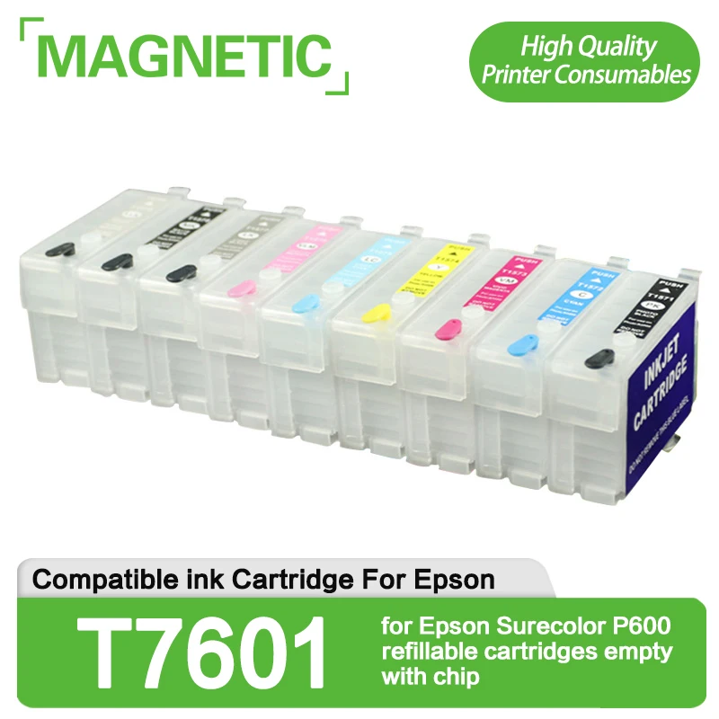 

Совместим с T7601, T7602, 7603, 7604, 7605, 7606, 7067, 7068, 7609 для Epson Surecolor P600, Заполняемые картриджи пустые с чипом